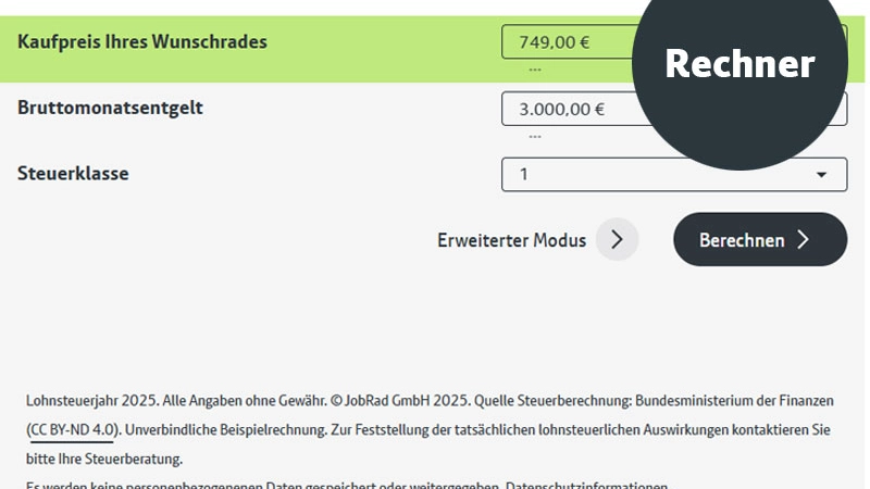 Screenshot des alten JobRad-Rechners. Störer mit Schrift "Rechner"