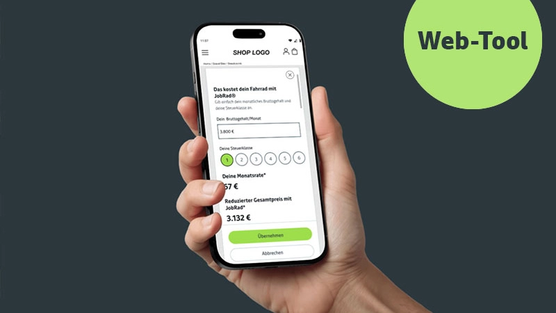 Hand hält Handy mit Preis-Widget. Schrift "Web-Tool"